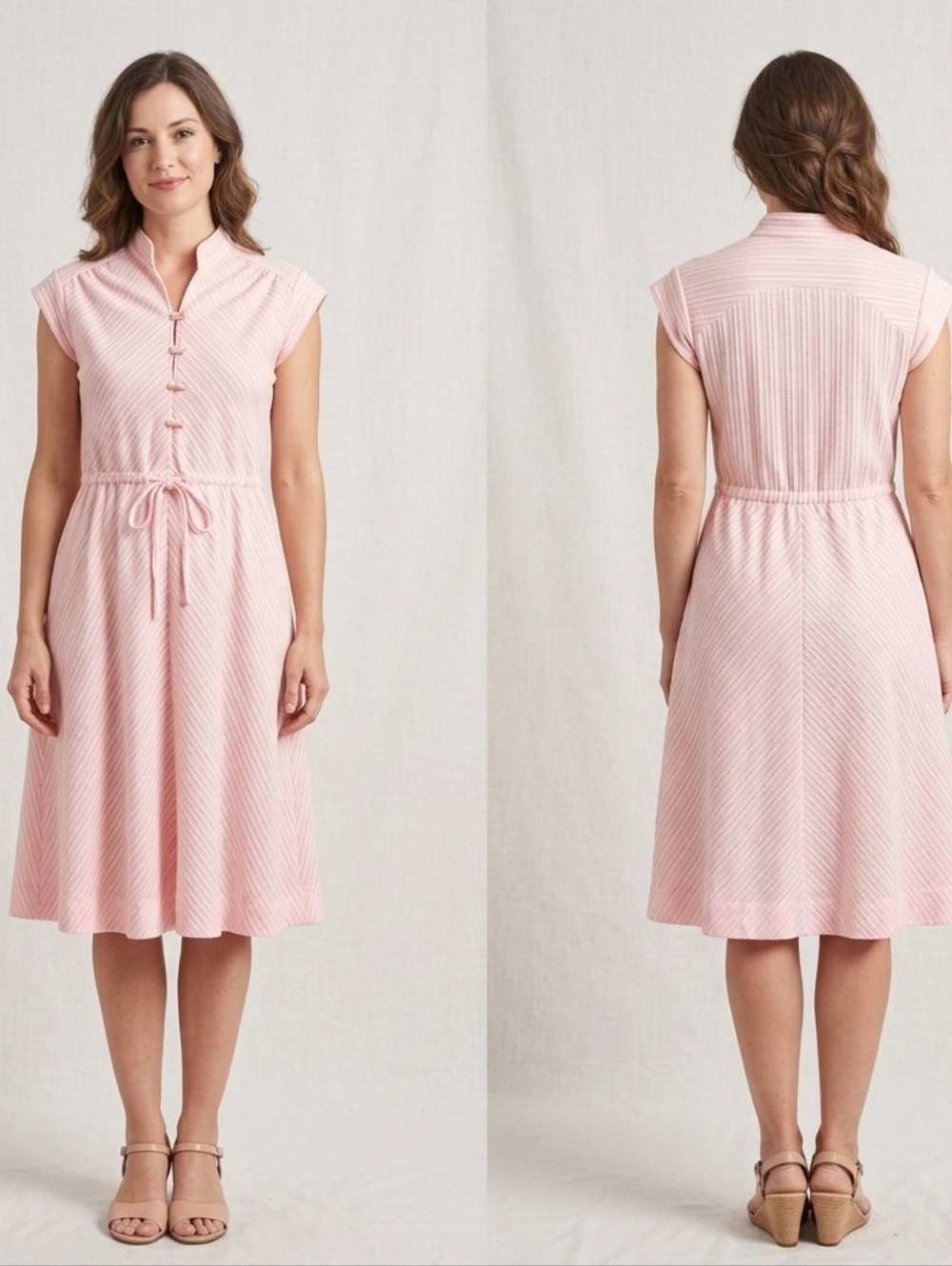 Vintage 70's Pastel Pink Striped Cap-Sleeve Midi Summer Dress Size Medium USA
